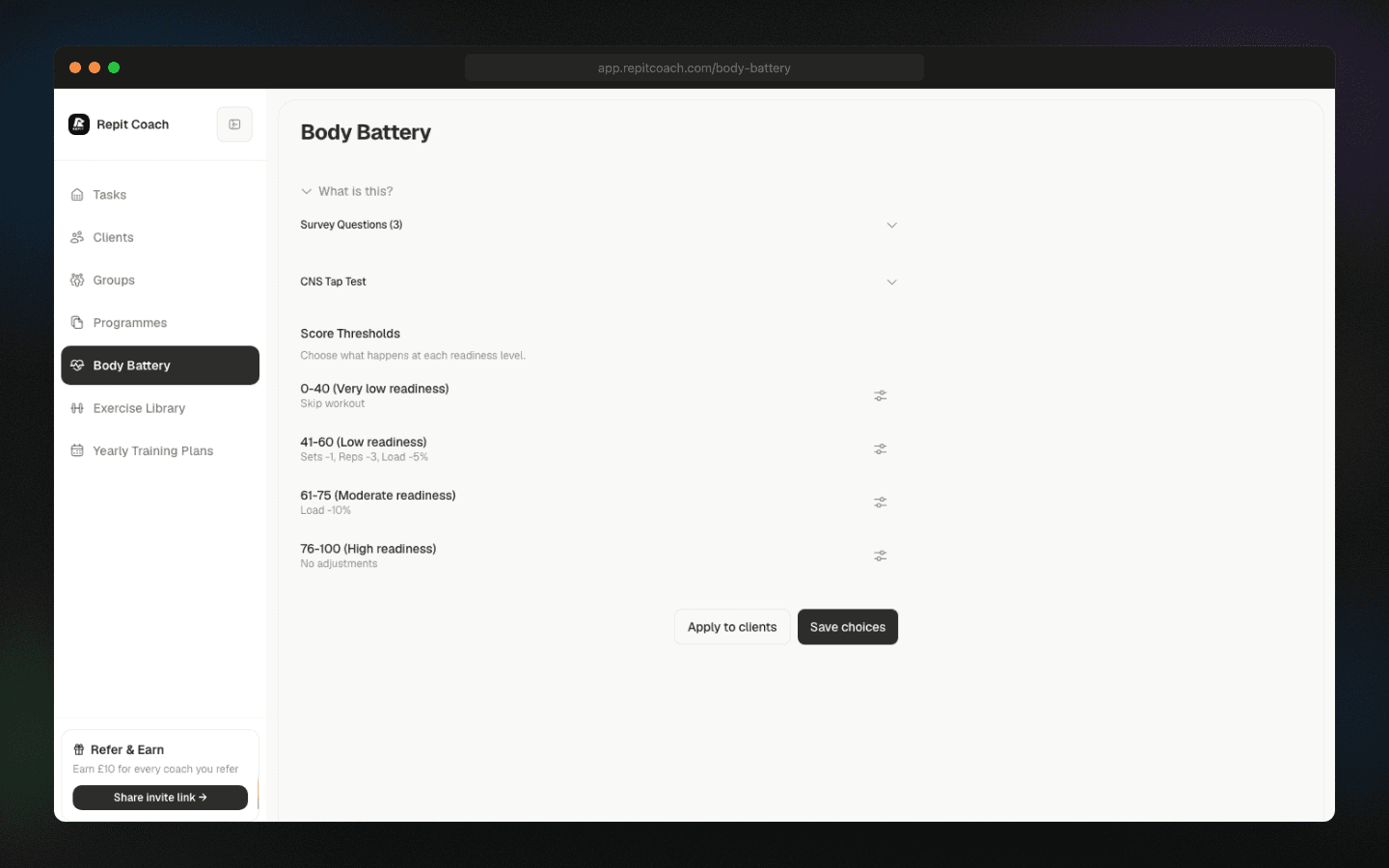 Body Battery settings showing adjustment sensitivity