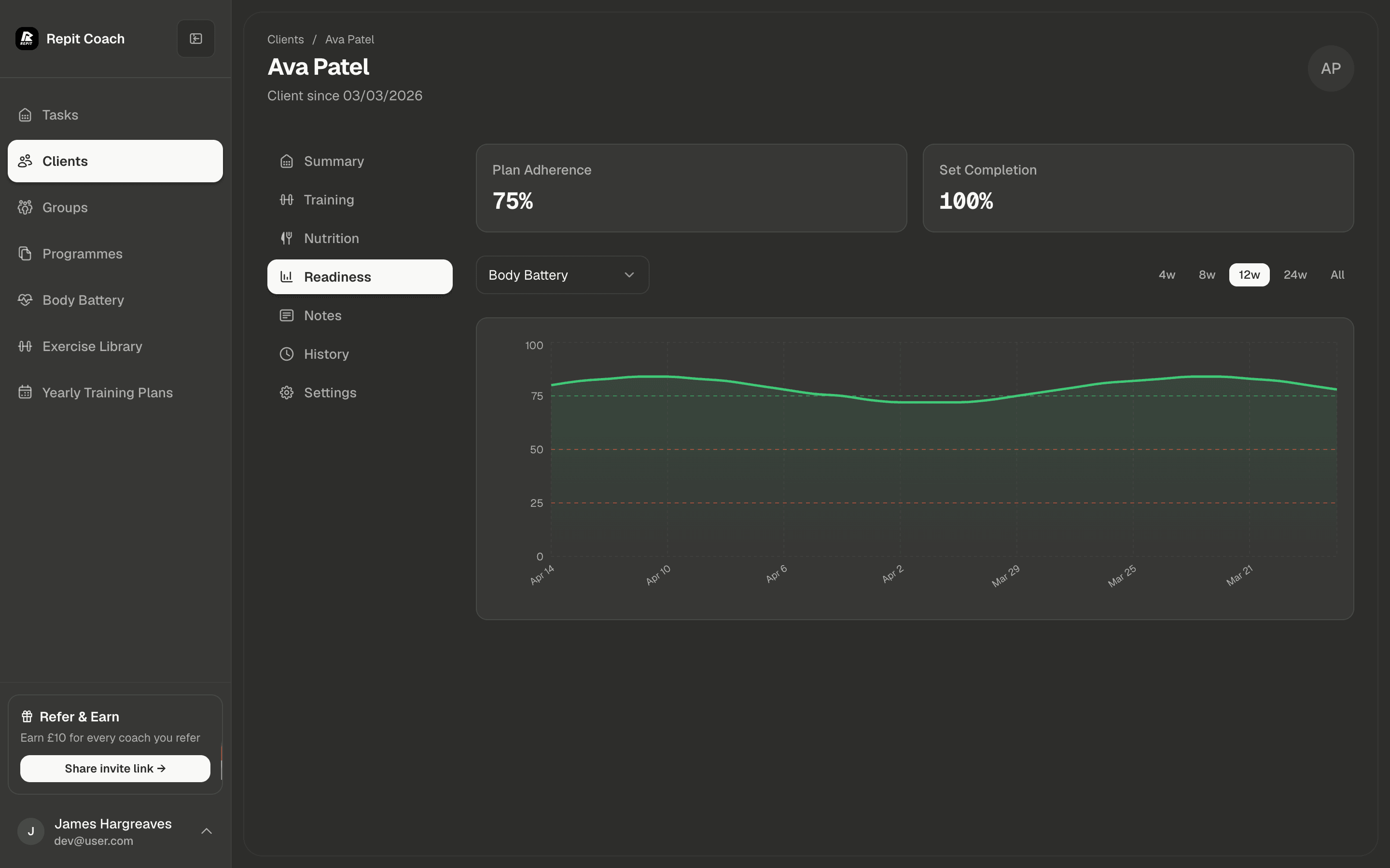 Client mobile app showing readiness questionnaire and tap test