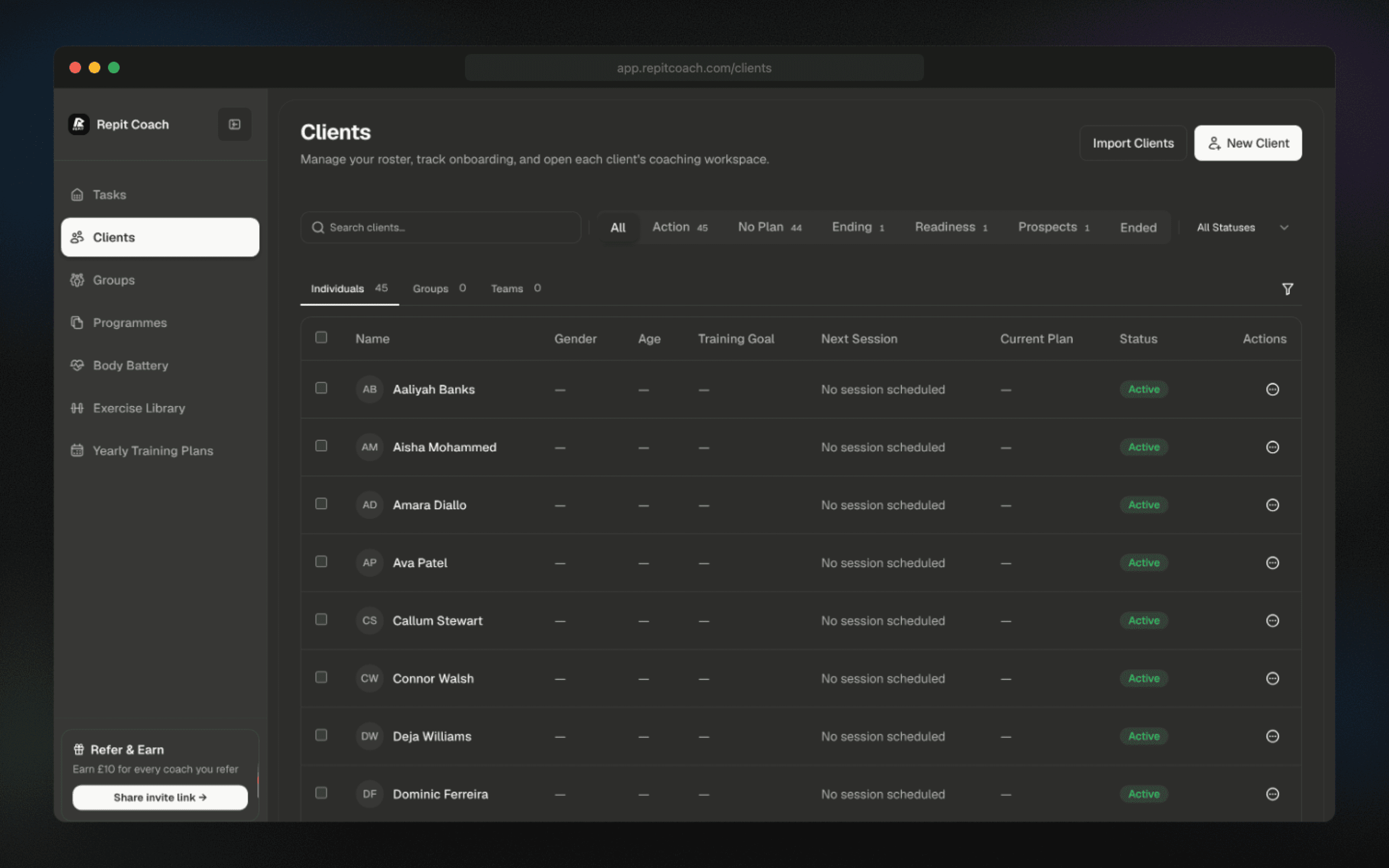 Coach dashboard with tasks resolving and disappearing in real time