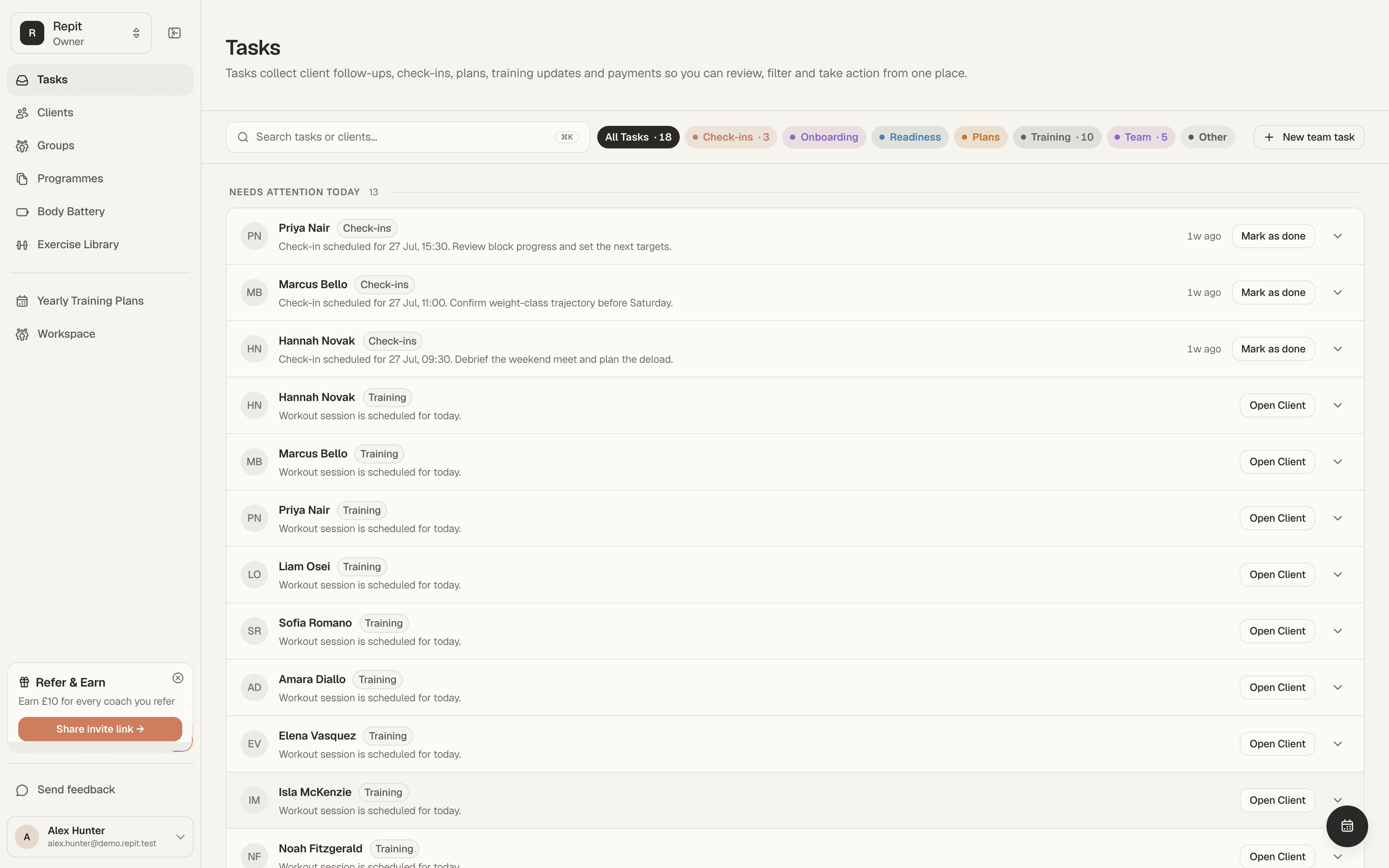 The Repit coach dashboard: the day's task queue with client check-ins, scheduled training sessions and a flagged health issue, filtered by task type