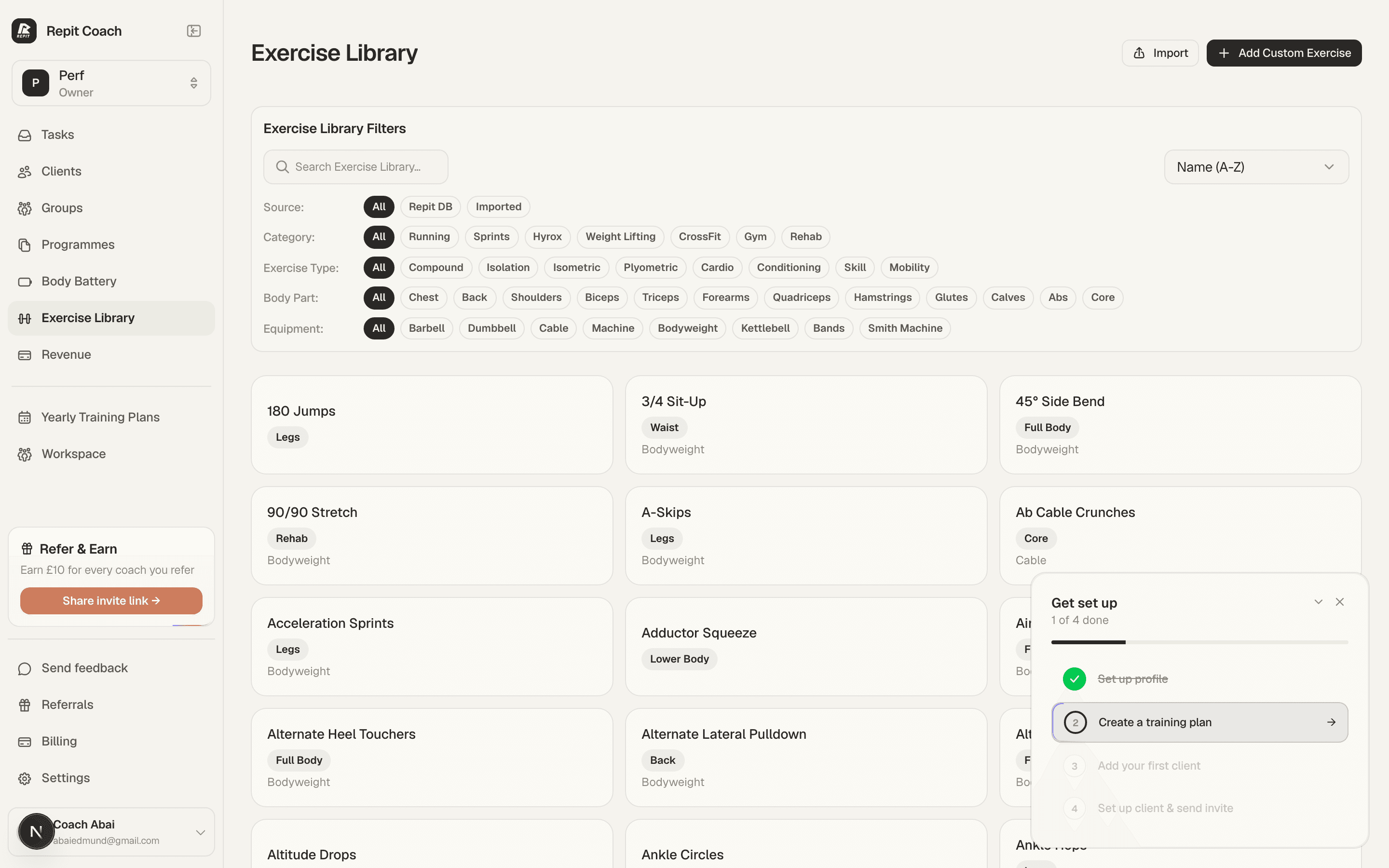 Exercise library with 1,800+ exercises