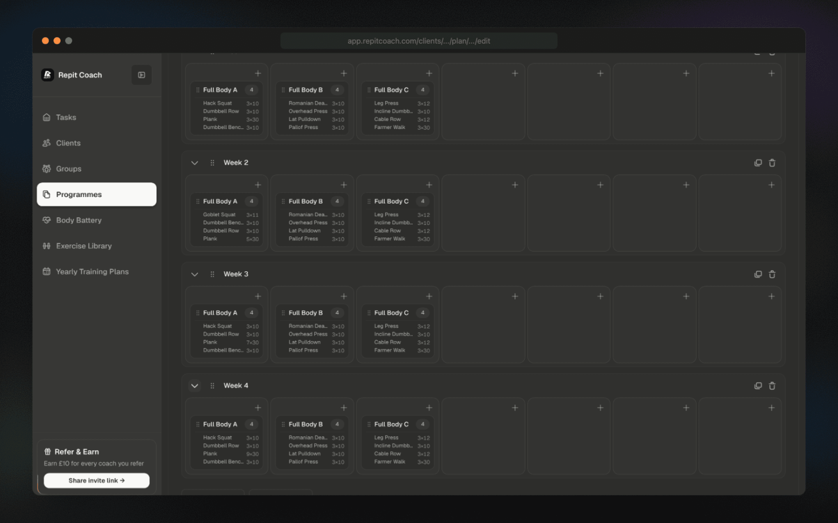 Plan builder duplicating a training week across a 12-week block