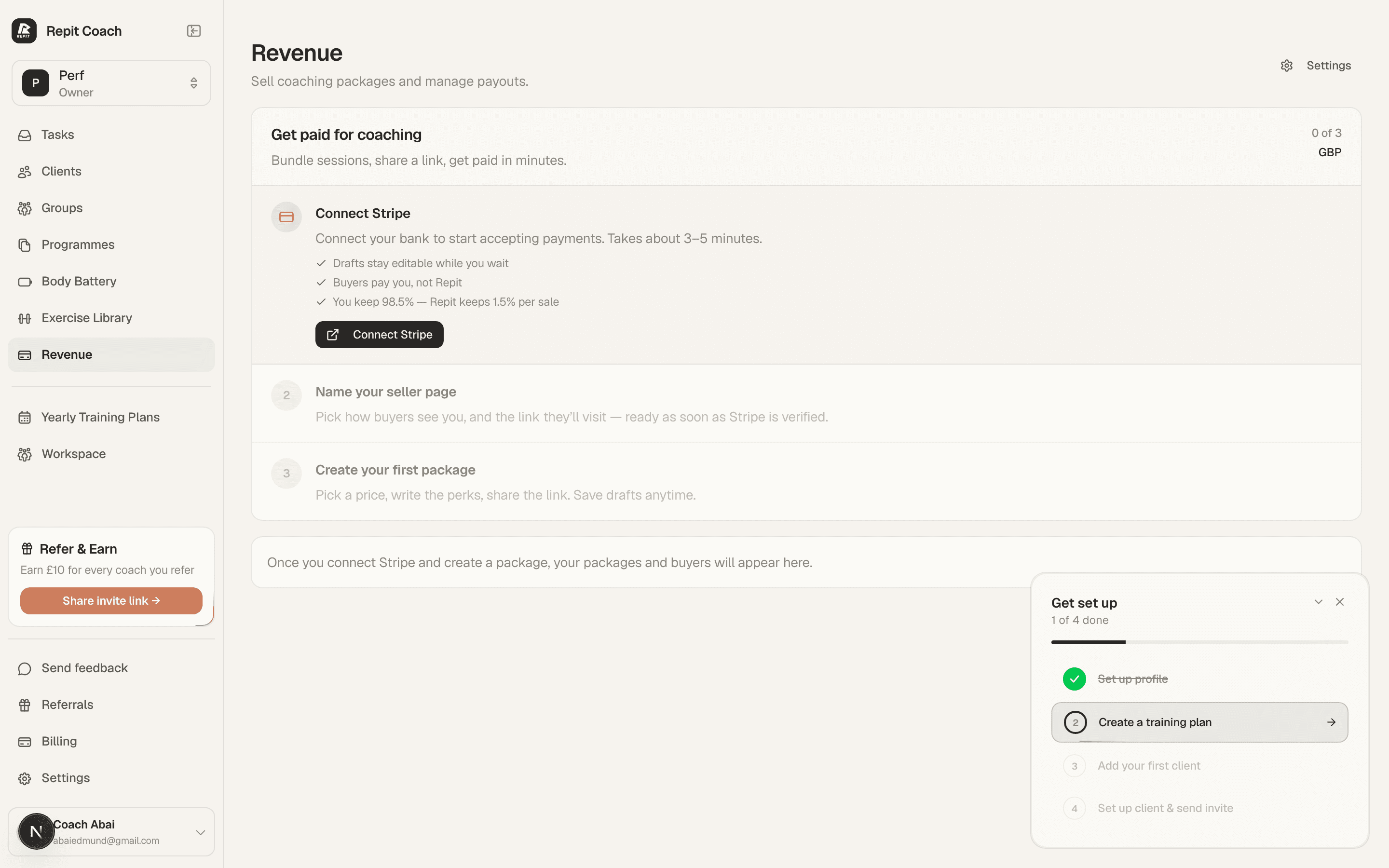 Revenue UI showing coaching packages, client capacity, and growth metrics