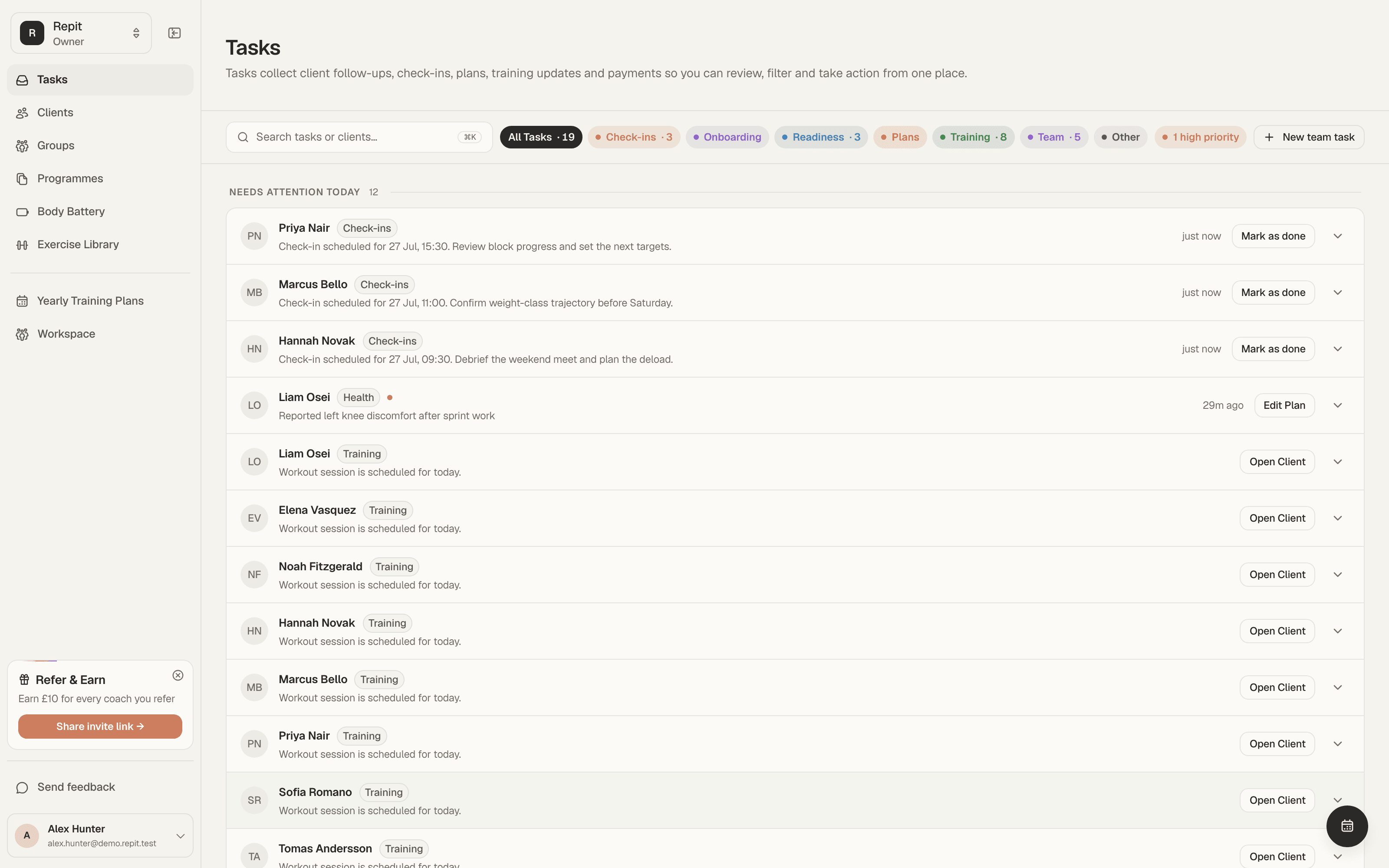 The Repit task hub: check-ins, a flagged health issue and today's training sessions queued for clients