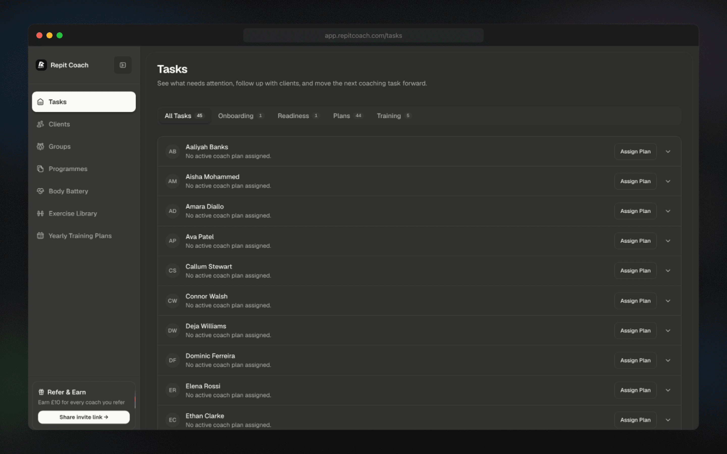 Coach dashboard task feed with onboarding, missed workouts, and readiness alerts