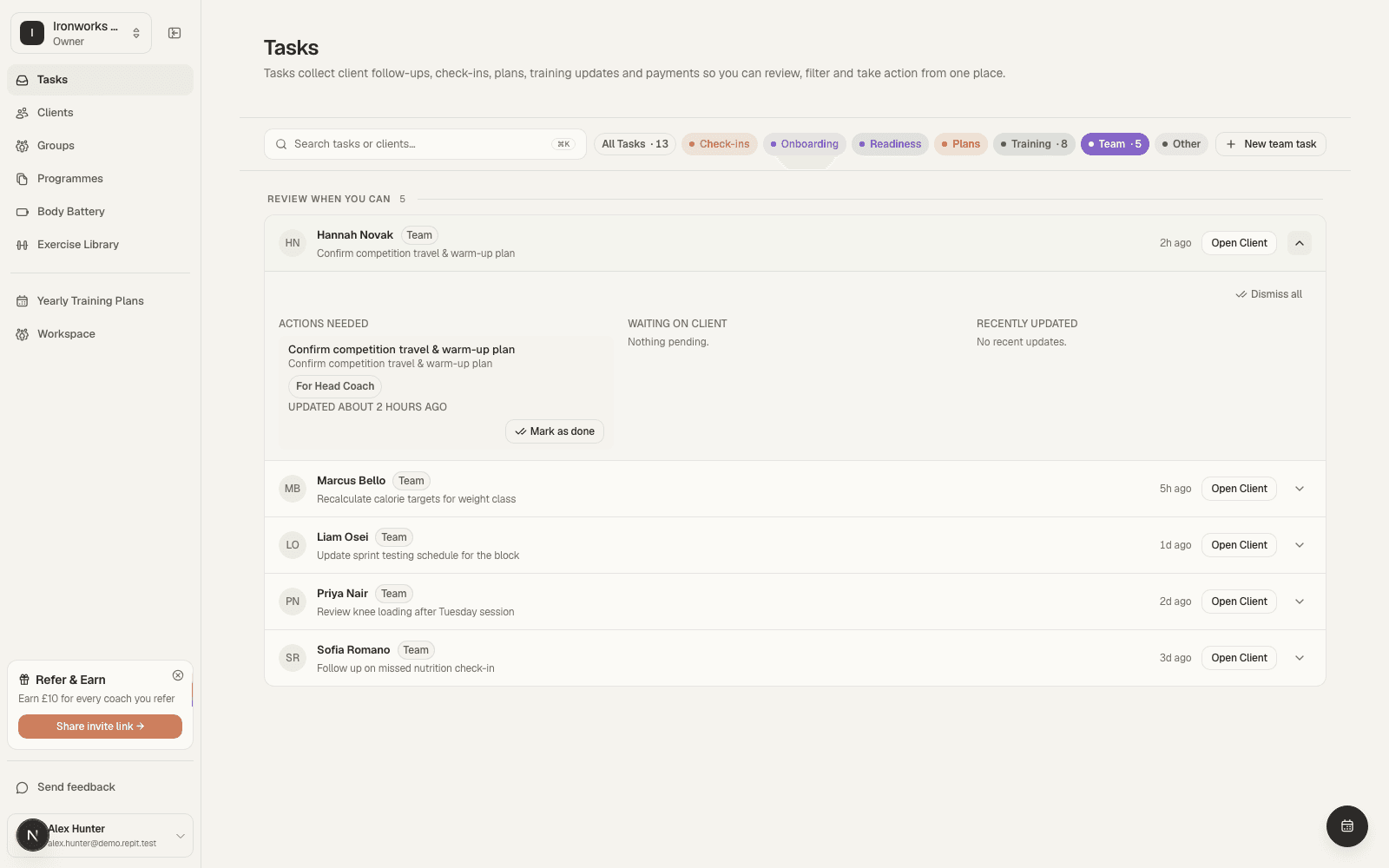 Workspace team-tasks queue: the top task is expanded to show it is routed to the head coach, with more tasks — a nutrition recalculation, sprint testing, a knee-loading review — routed to their own specialists below