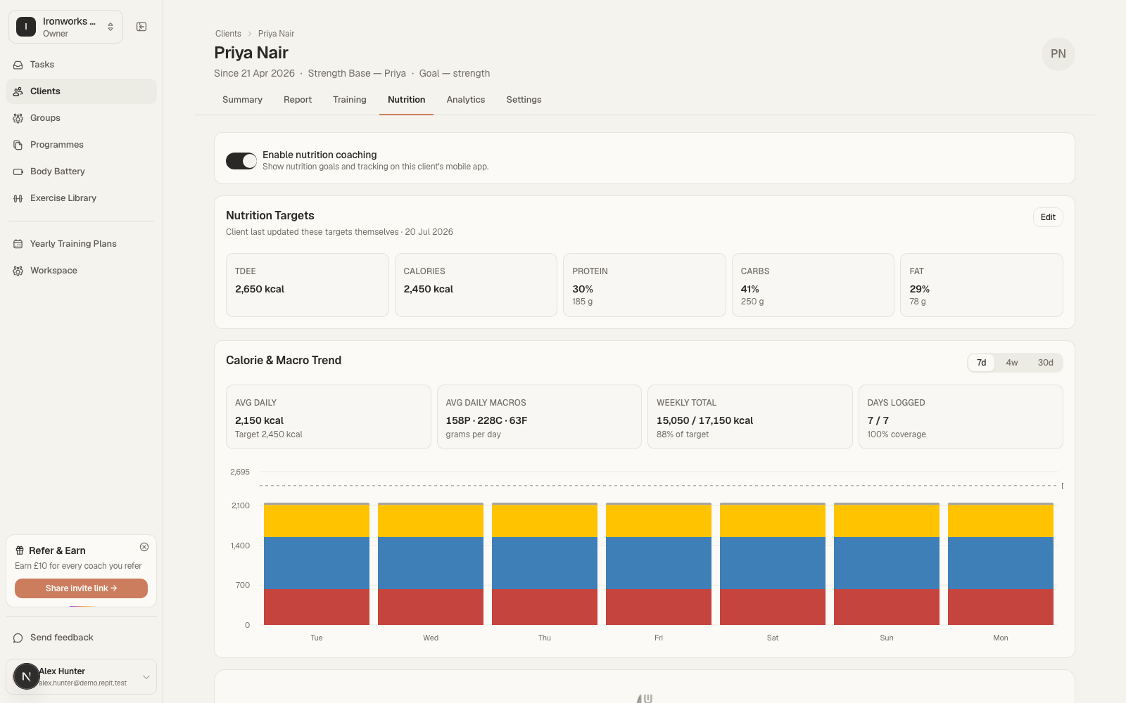 Client nutrition tracking inside Repit